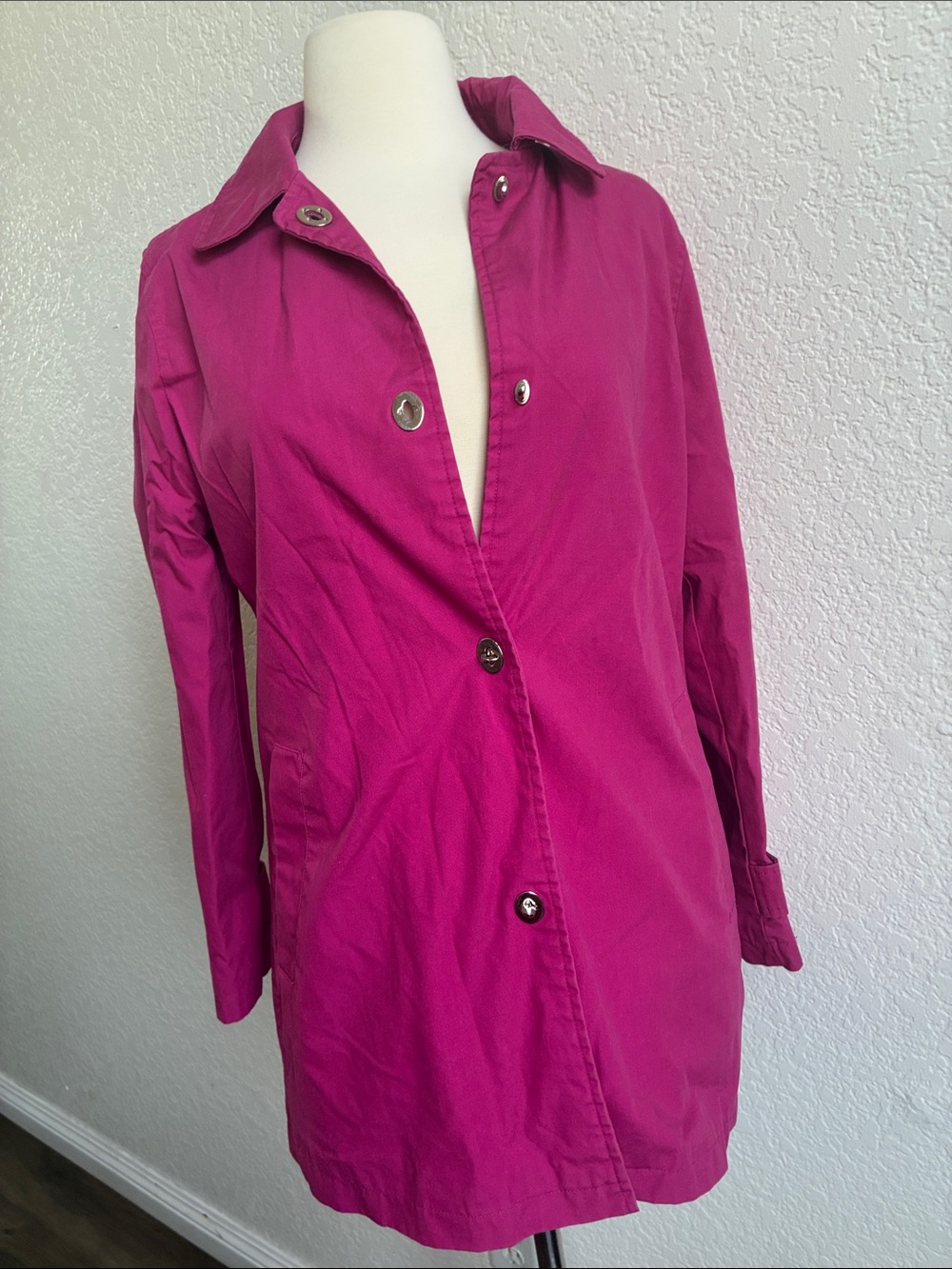 dennis basso Fuchsia Lightweight Snap-Front Trench Coat